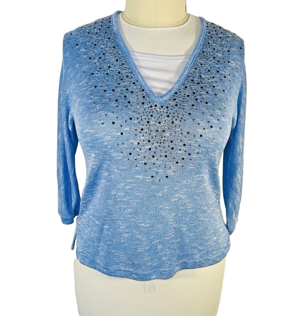 Cathy Daniels Sweater Womens Size XL Light Blue V-Neck Beaded 3/4 Sleeve